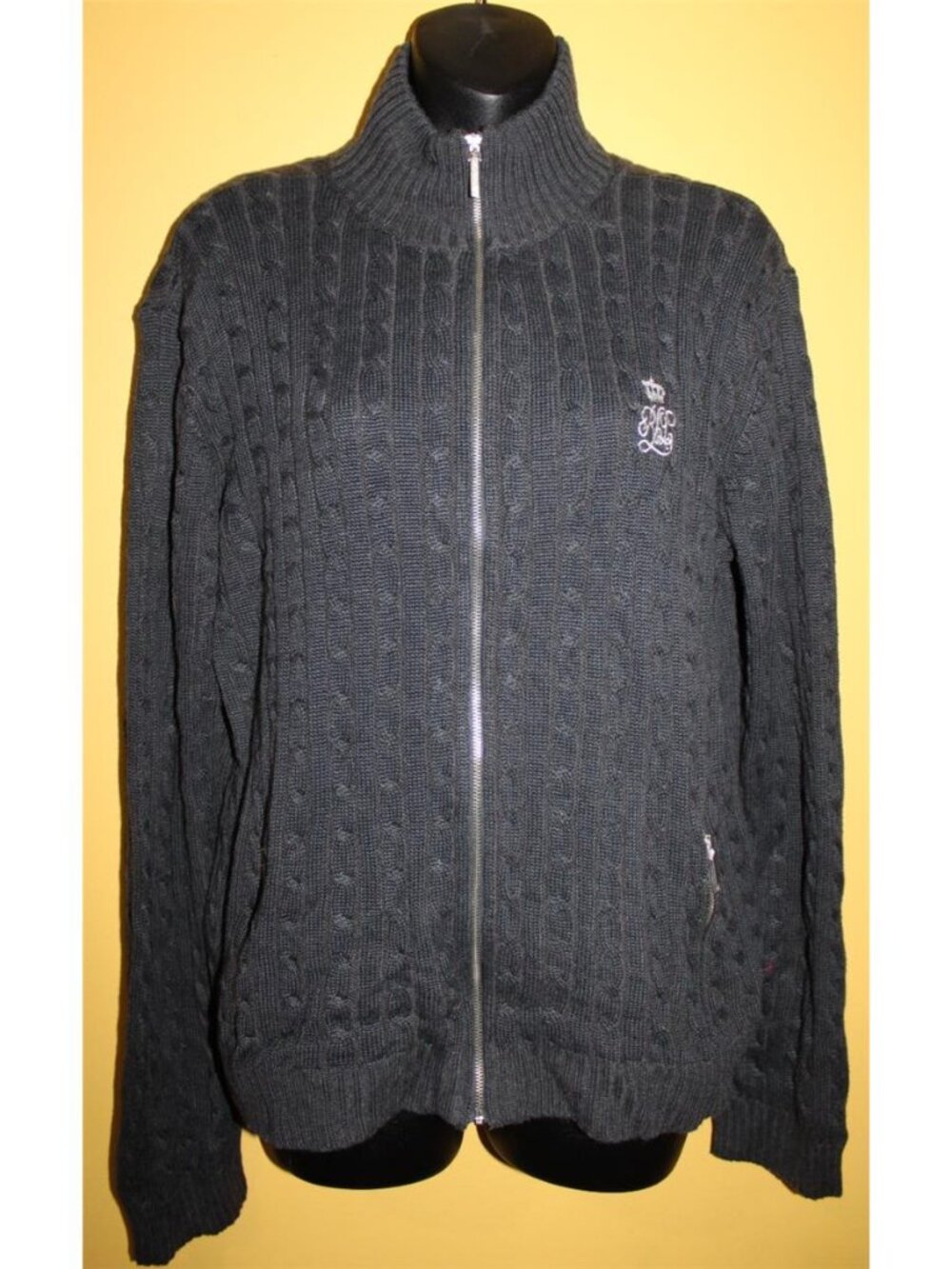 Ralph Lauren XL Gray Full Zip Cable Knit Sweater Pockets Mock Neck
